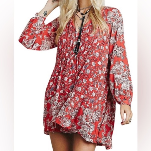 Free People Dresses & Skirts - Free People Lucky Loosey Mini Dress Lined Blood Orange Combo OB404116 Size M